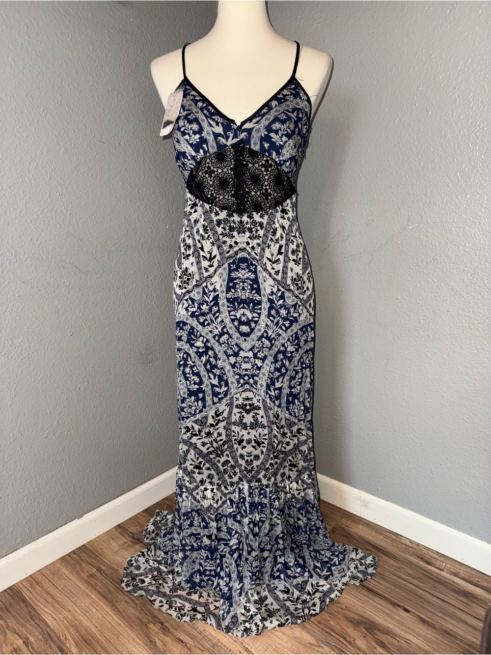 Free People Blue and White Printed Maxi Dress with Lace Waist